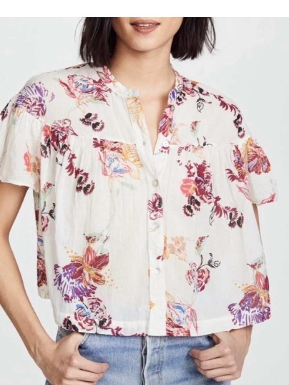 Free People Sweet Escape White Floral Button-Front Peasant Blouse